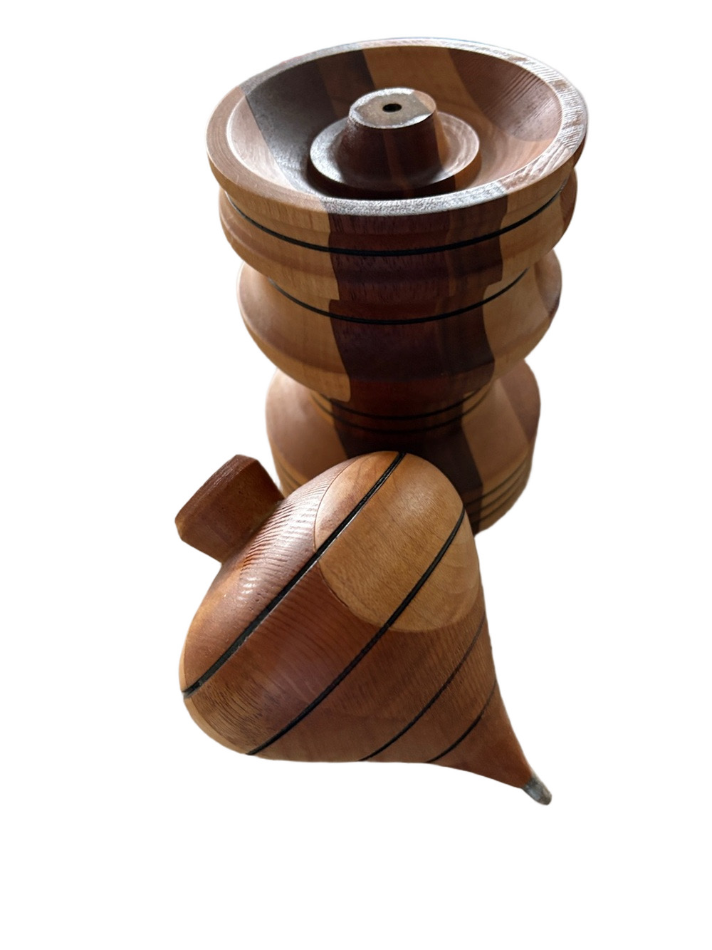Vintage Hand-Turned Wooden Spinning Top (Trompo)  With Wood Stand/ Base Tray